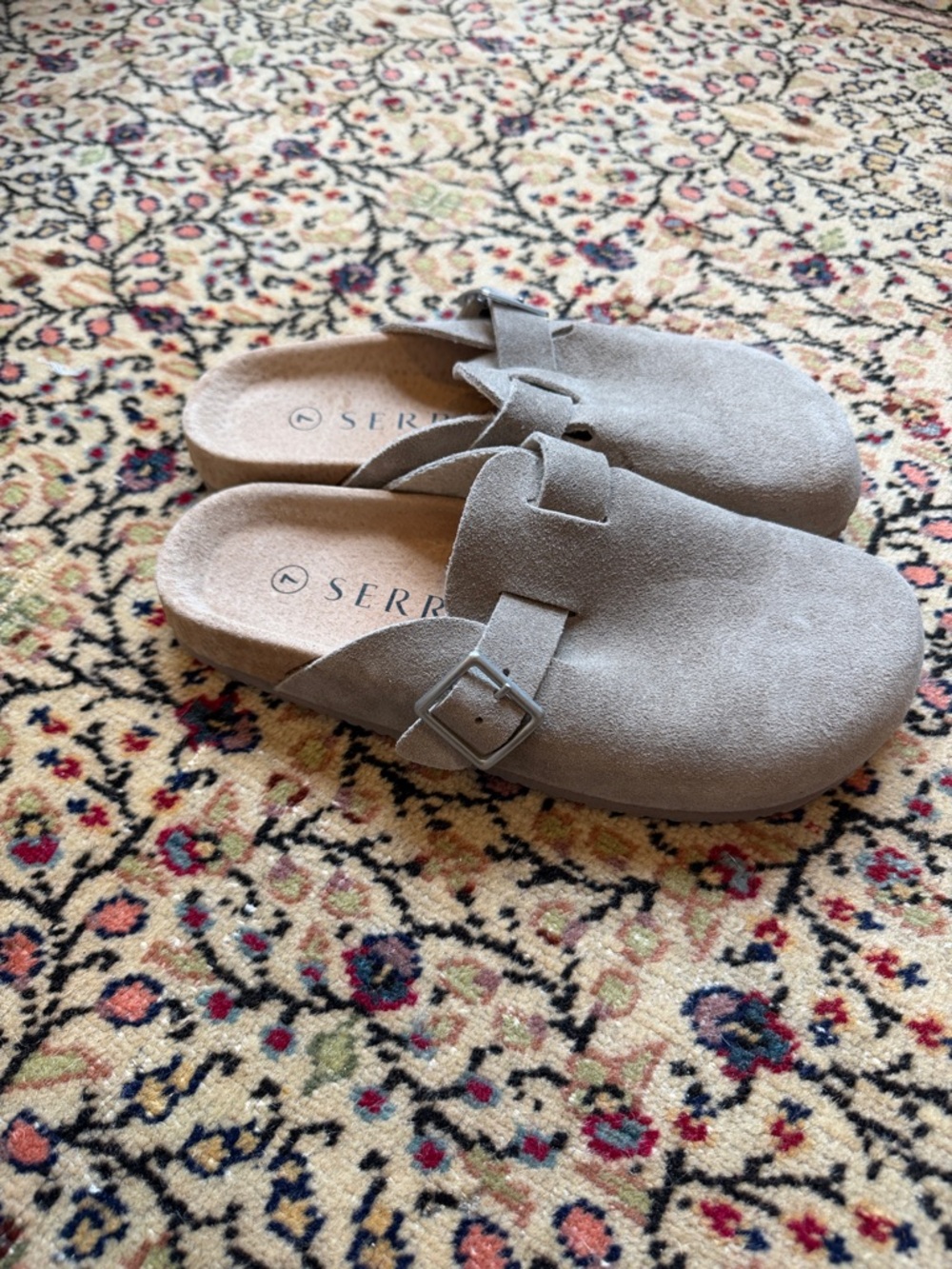 SERRA Taupe Suede Slip-On Buckle Mules